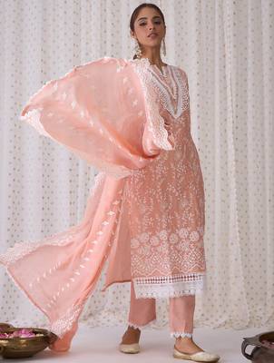Floral Embroidered Notched Neck Cotton Straight Kurta with Trousers & Dupatta 1