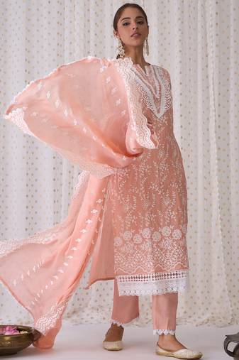Floral Embroidered Notched Neck Cotton Straight Kurta with Trousers & Dupatta