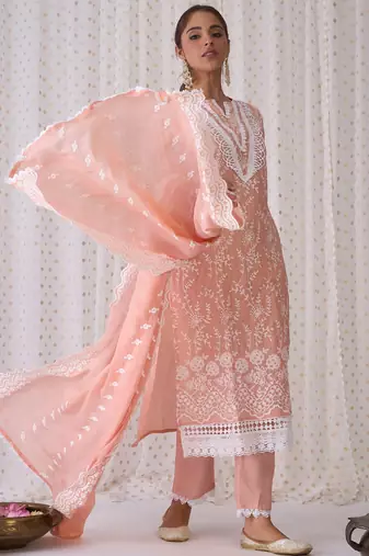 Floral Embroidered Notched Neck Cotton Straight Kurta with Trousers & Dupatta