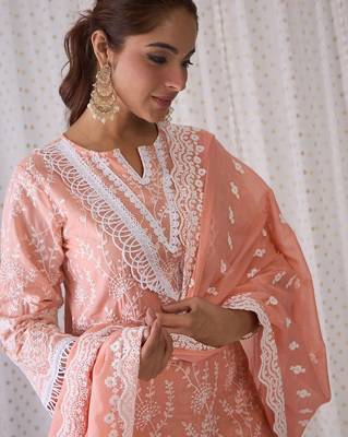 Floral Embroidered Notched Neck Cotton Straight Kurta with Trousers & Dupatta 2