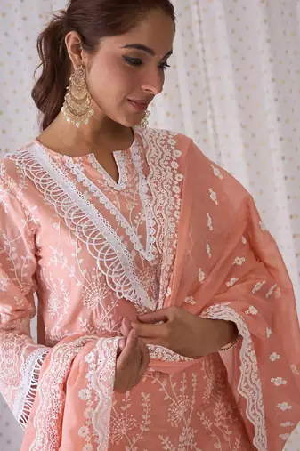 Floral Embroidered Notched Neck Cotton Straight Kurta with Trousers & Dupatta
