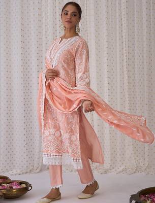 Floral Embroidered Notched Neck Cotton Straight Kurta with Trousers & Dupatta 5