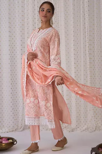 Floral Embroidered Notched Neck Cotton Straight Kurta with Trousers & Dupatta