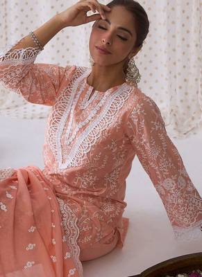 Floral Embroidered Notched Neck Cotton Straight Kurta with Trousers & Dupatta 6