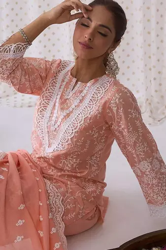 Floral Embroidered Notched Neck Cotton Straight Kurta with Trousers & Dupatta