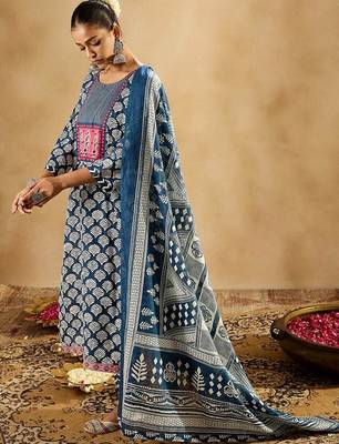 Blue Ethnic Motifs Printed Straight Round Neck Thread Work Pure Cotton Kurta Set 1