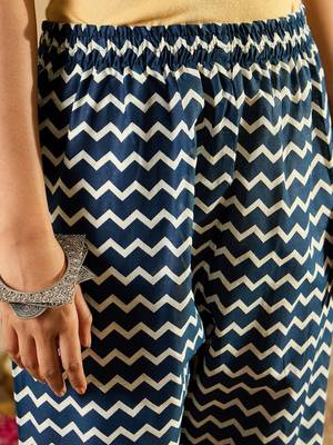 Blue Ethnic Motifs Printed Straight Round Neck Thread Work Pure Cotton Kurta Set 5