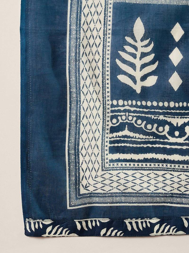 Blue Ethnic Motifs Printed Straight Round Neck Thread Work Pure Cotton Kurta Set