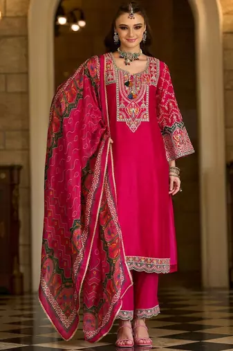 Ethnic Motifs Embroidered Notch Neck Thread Work Kurta With Trousers & Dupatta