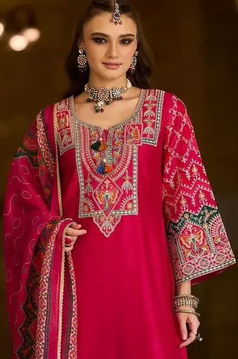 Ethnic Motifs Embroidered Notch Neck Thread Work Kurta With Trousers & Dupatta