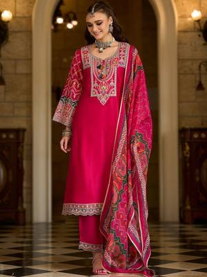 Ethnic Motifs Embroidered Notch Neck Thread Work Kurta With Trousers & Dupatta 3