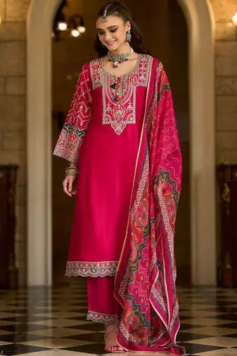 Ethnic Motifs Embroidered Notch Neck Thread Work Kurta With Trousers & Dupatta