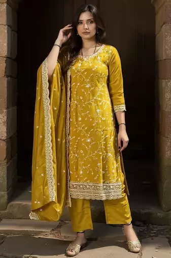 Floral Embroidered Thread Work Kurta With Trousers & Dupatta