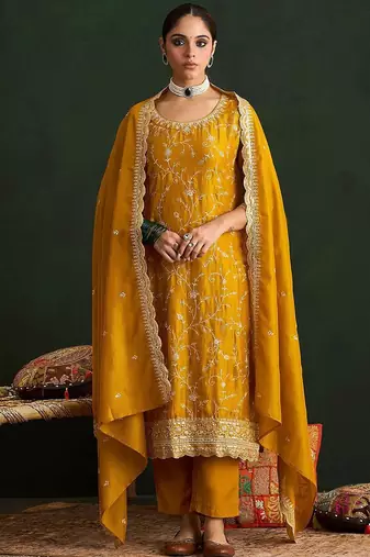 Floral Embroidered Thread Work Kurta With Trousers & Dupatta