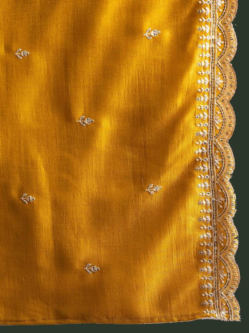 Floral Embroidered Thread Work Kurta With Trousers & Dupatta