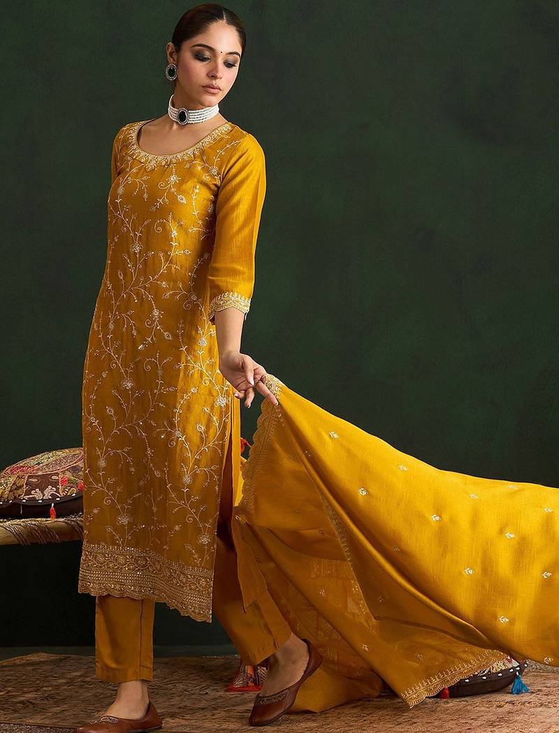 Floral Embroidered Thread Work Kurta With Trousers & Dupatta