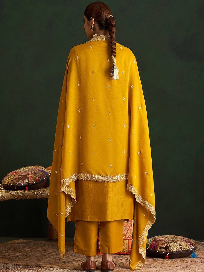 Floral Embroidered Thread Work Kurta With Trousers & Dupatta