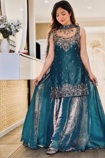 teal embroidery silk blend  full stitched sharara plazo
