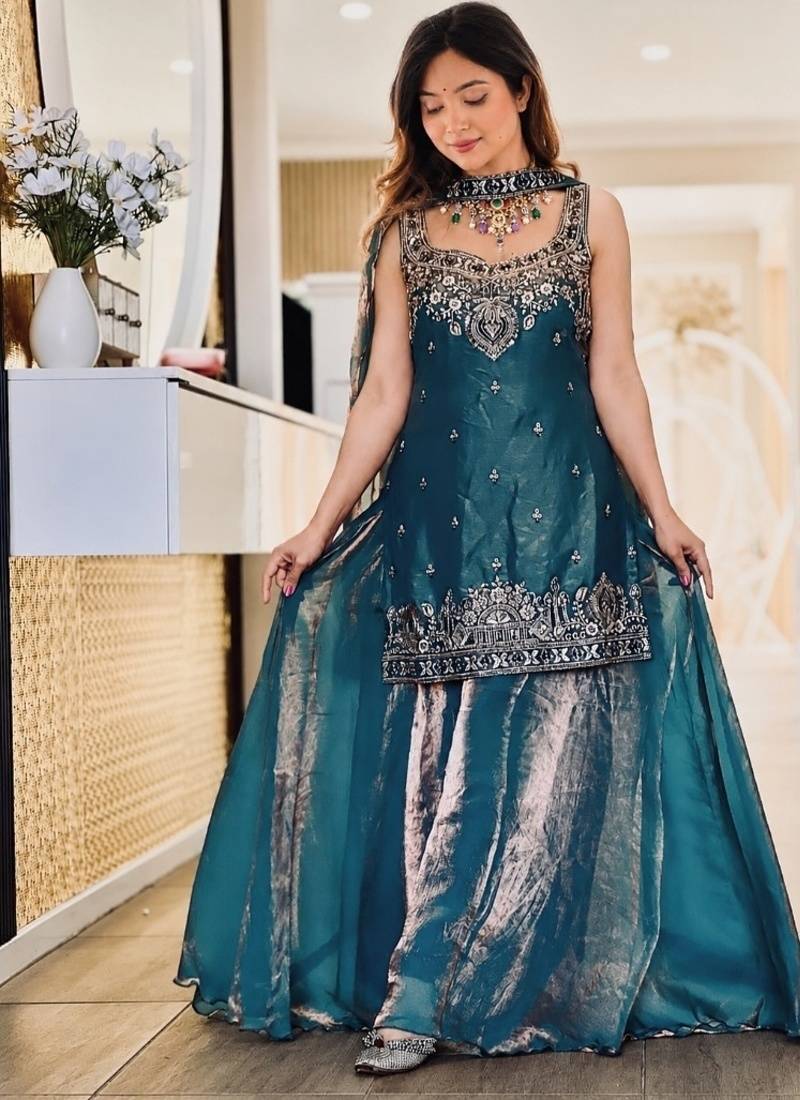 teal embroidery silk blend  full stitched sharara plazo