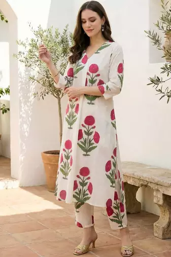 Women Floral Printed Regular Pure Cotton Kurta with Trousers