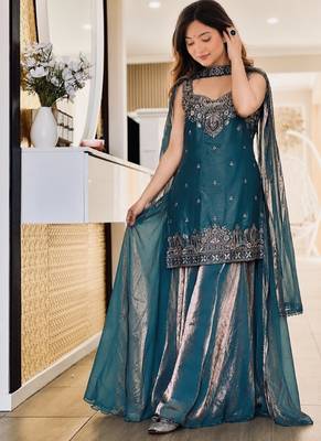 teal embroidery silk blend  full stitched sharara plazo 2