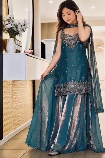 teal embroidery silk blend  full stitched sharara plazo