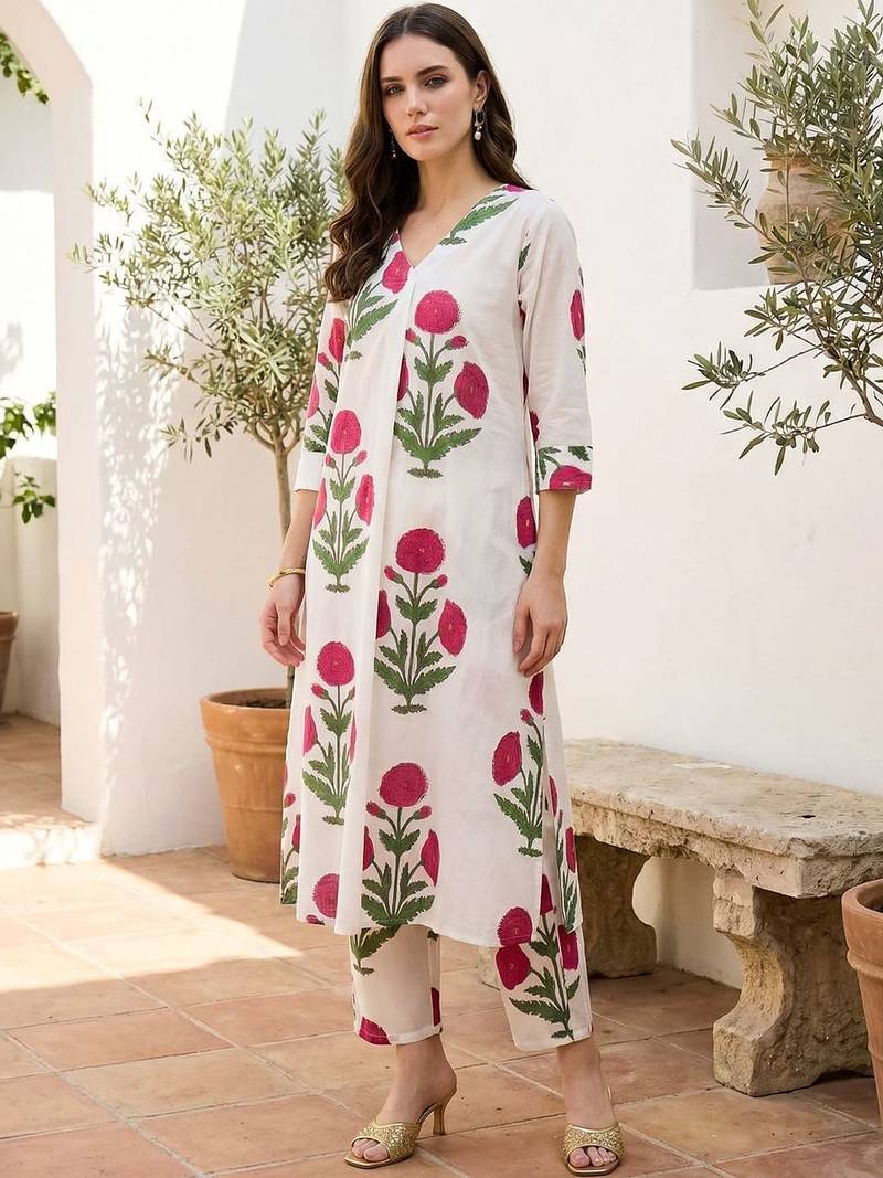Women Floral Printed Regular Pure Cotton Kurta with Trousers