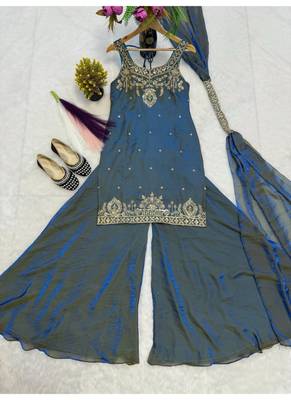 teal embroidery silk blend  full stitched sharara plazo 3
