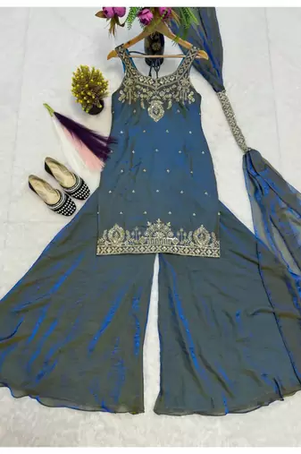teal embroidery silk blend  full stitched sharara plazo
