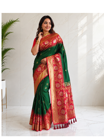 emerald green color zari weaves contrast pallu and designer chaap border dual tone silk blend saree 1