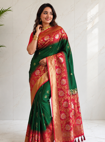 emerald green color zari weaves contrast pallu and designer chaap border dual tone silk blend saree