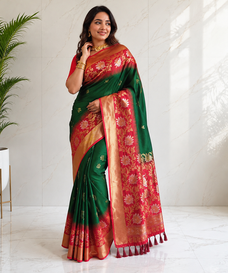 emerald green color zari weaves contrast pallu and designer chaap border dual tone silk blend saree