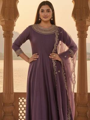 Floral Yoke Design Round Neck Anarkali Kurta With Trousers & Dupatta 1