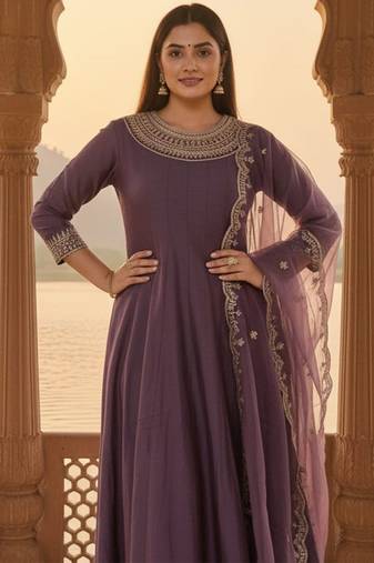 Floral Yoke Design Round Neck Anarkali Kurta With Trousers & Dupatta