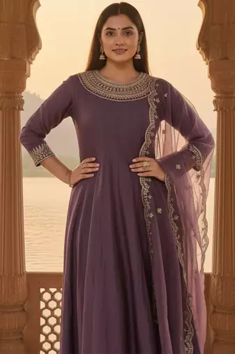 Floral Yoke Design Round Neck Anarkali Kurta With Trousers & Dupatta