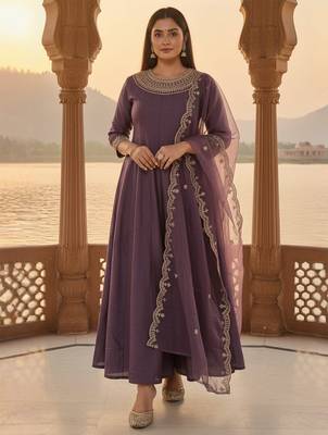 Floral Yoke Design Round Neck Anarkali Kurta With Trousers & Dupatta 2