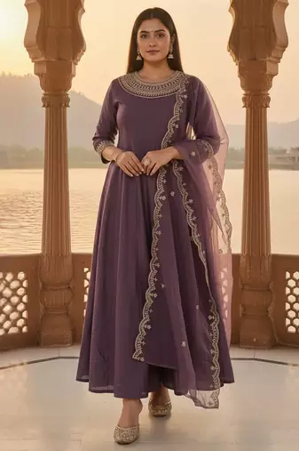 Floral Yoke Design Round Neck Anarkali Kurta With Trousers & Dupatta