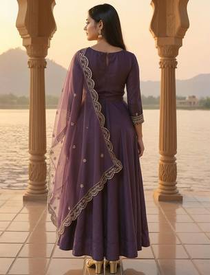 Floral Yoke Design Round Neck Anarkali Kurta With Trousers & Dupatta 3