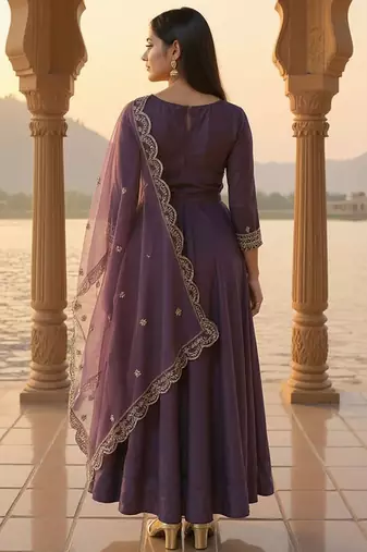 Floral Yoke Design Round Neck Anarkali Kurta With Trousers & Dupatta