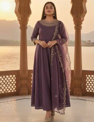 Floral Yoke Design Round Neck Anarkali Kurta With Trousers & Dupatta 4