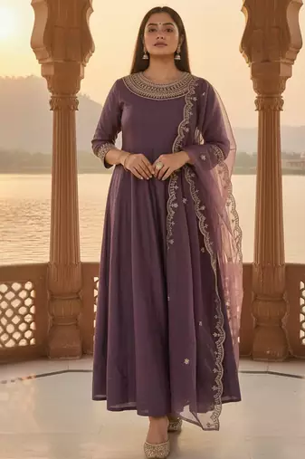 Floral Yoke Design Round Neck Anarkali Kurta With Trousers & Dupatta