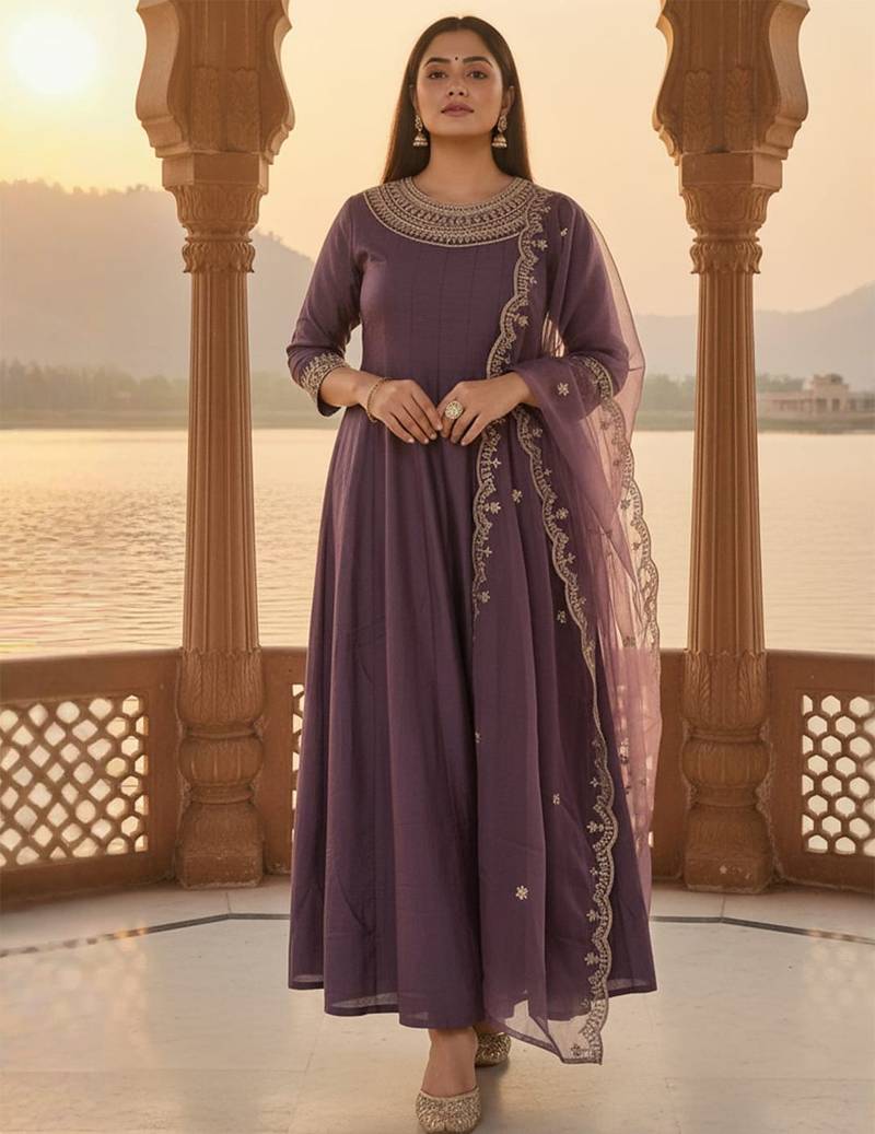 Floral Yoke Design Round Neck Anarkali Kurta With Trousers & Dupatta