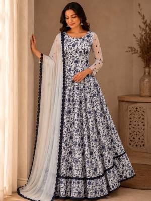 white color thread embroidery work with gpo lace border georgette gown set 1
