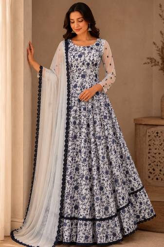 white color thread embroidery work with gpo lace border georgette gown set