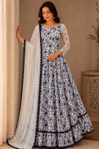white color thread embroidery work with gpo lace border georgette gown set