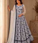 white color thread embroidery work with gpo lace border georgette gown set