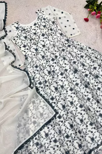 white color thread embroidery work with gpo lace border georgette gown set
