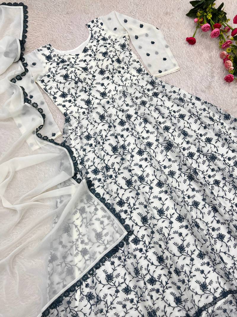 white color thread embroidery work with gpo lace border georgette gown set