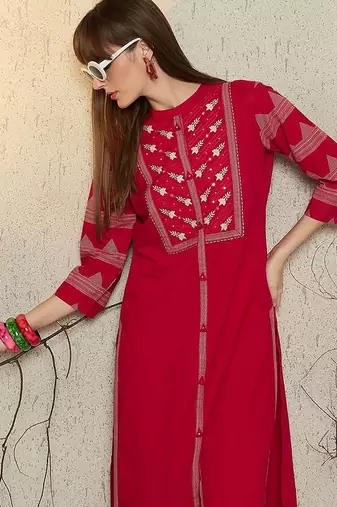 Women Ethnic Motifs Print Regular Beads and Stones Pure Cotton Kurta with Trouser