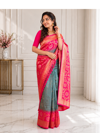 grey color zari weaves contrast pallu and designer chaap border dual tone silk blend saree 1
